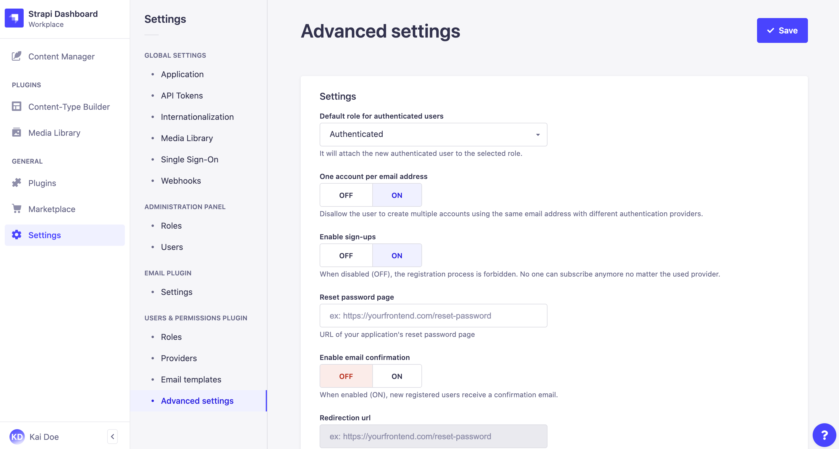 Advanced settings interface